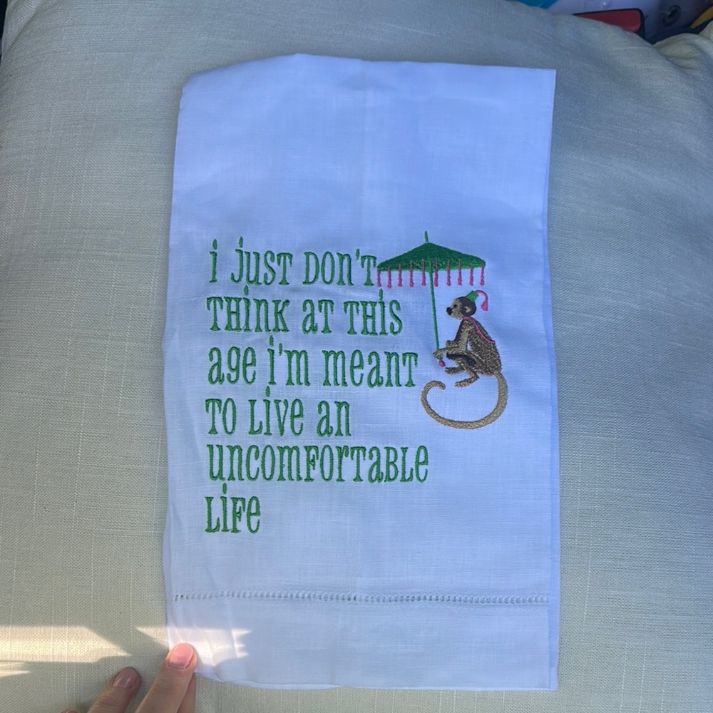 WHITE LOTUS - White Tea Towel with Green Embroidery